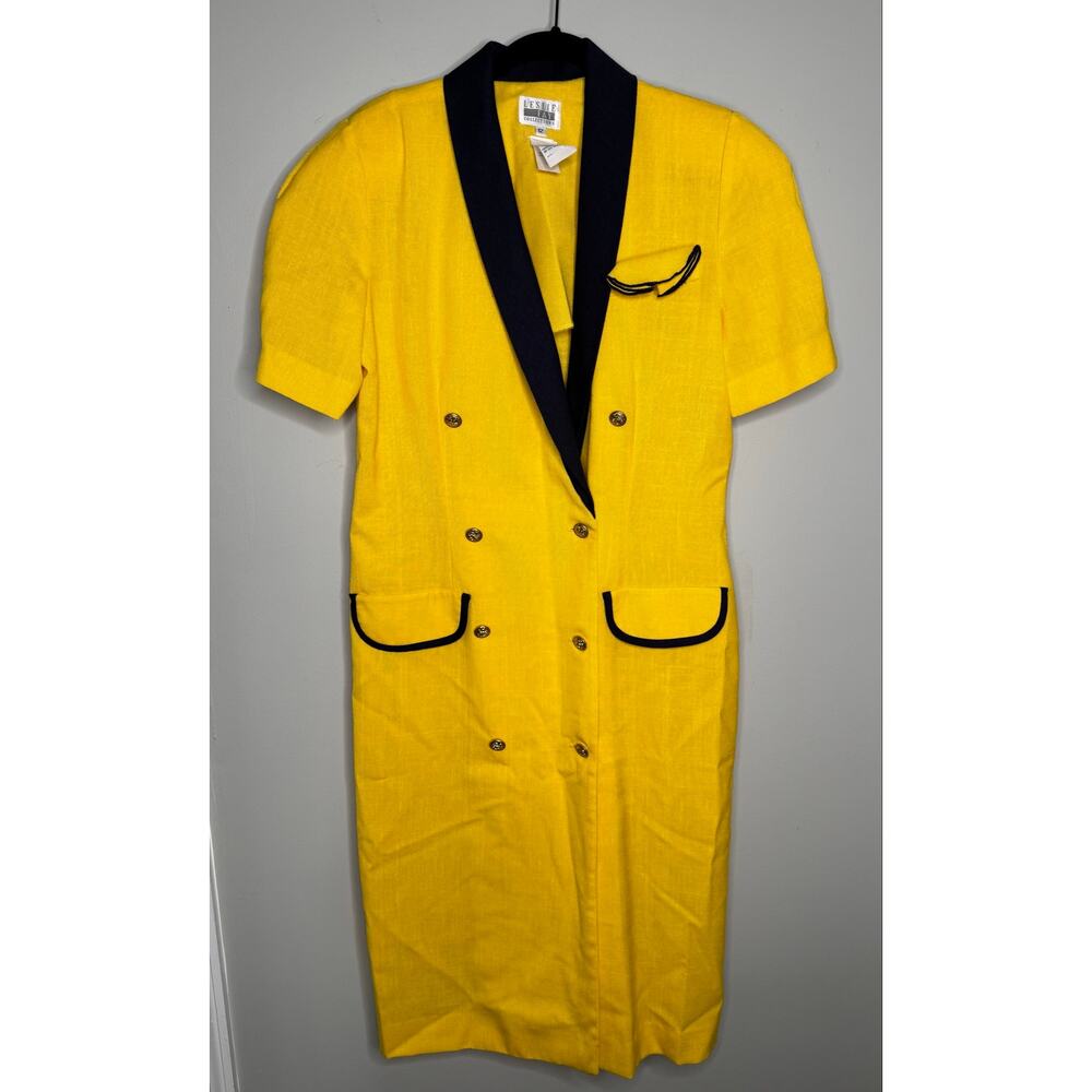 Leslie Fay Vintage Retro Yellow Navy Trim Gold Button Detail Dress - Size 12